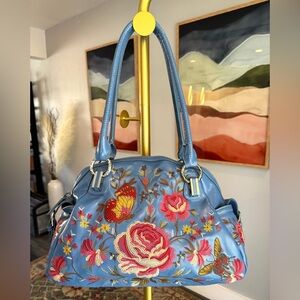 Vintage Sharif Embroidered Floral Blue Leather Handbag